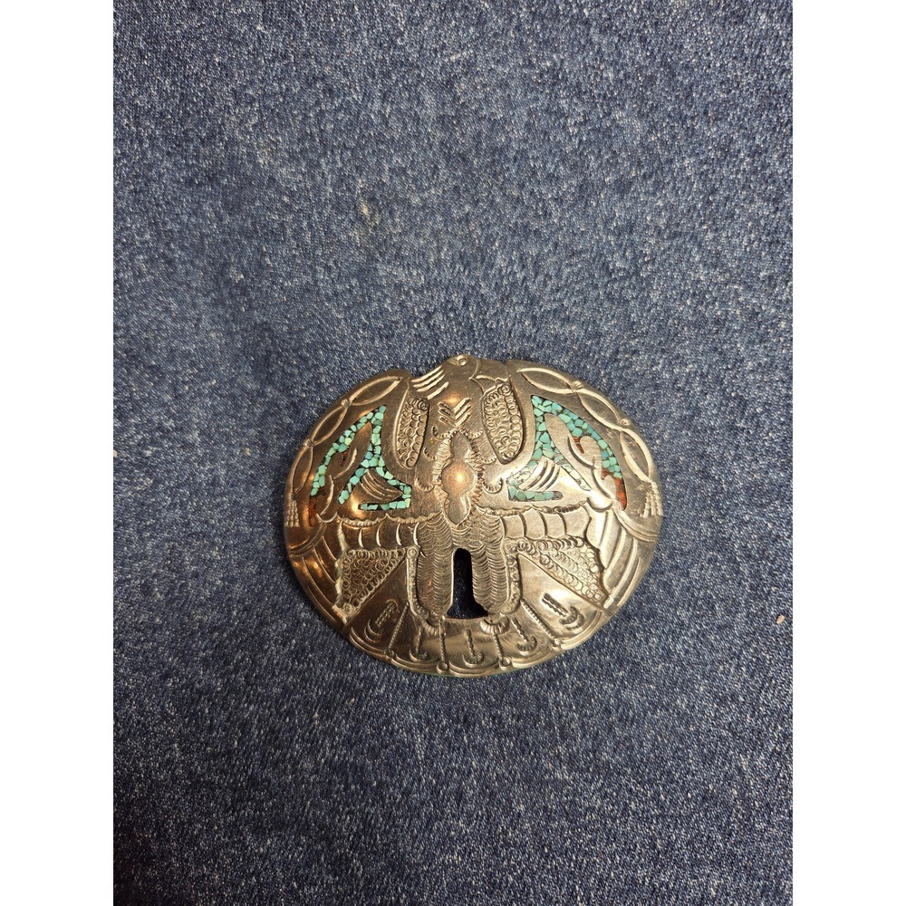 J Nezzie Navajo Thunderbird Turquoise Coral Belt Buckle - RARE